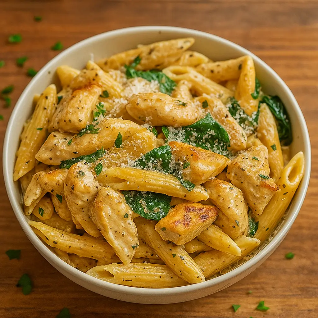Healthy Garlic Parmesan Chicken Pasta served hot