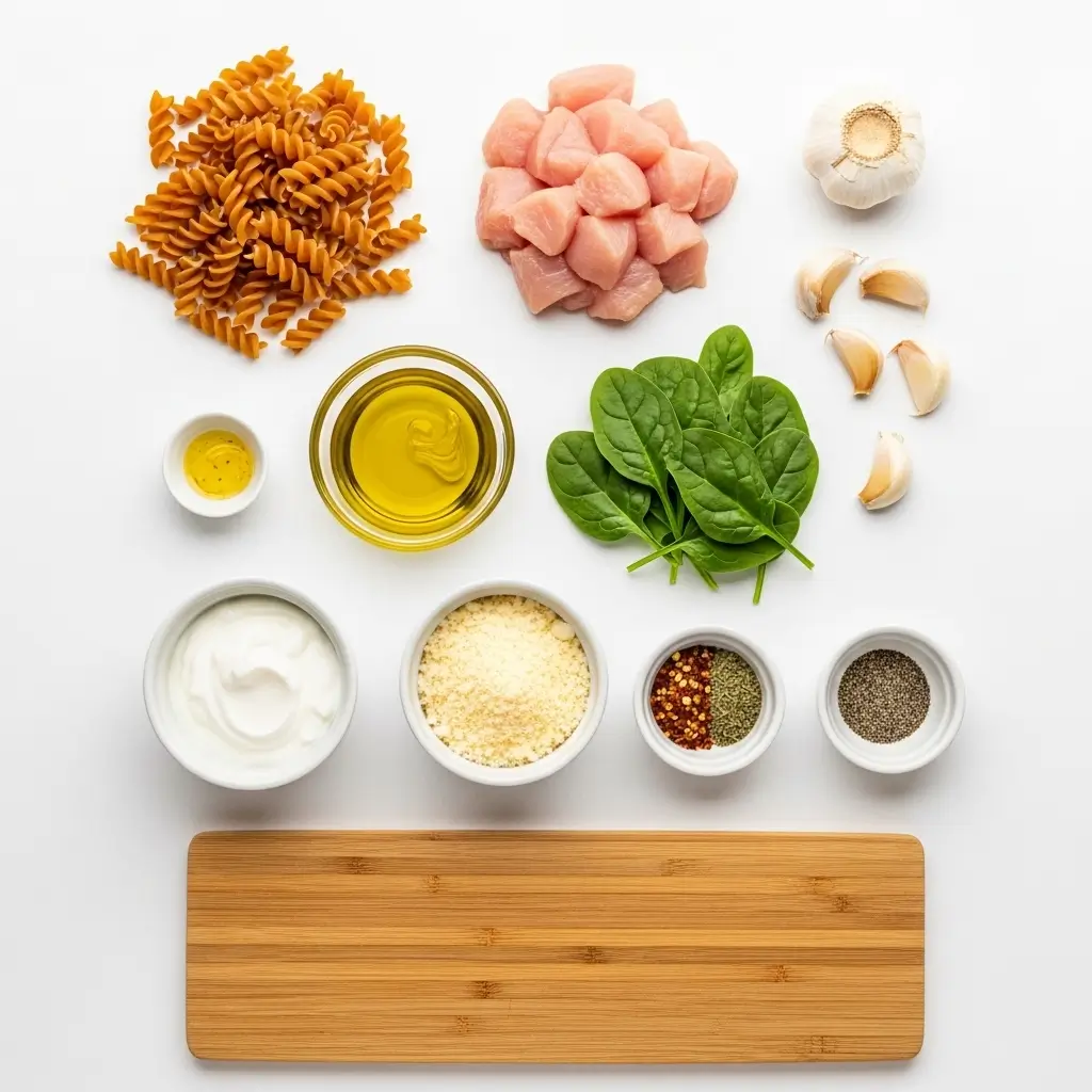Ingredients for healthy garlic parmesan chicken pasta