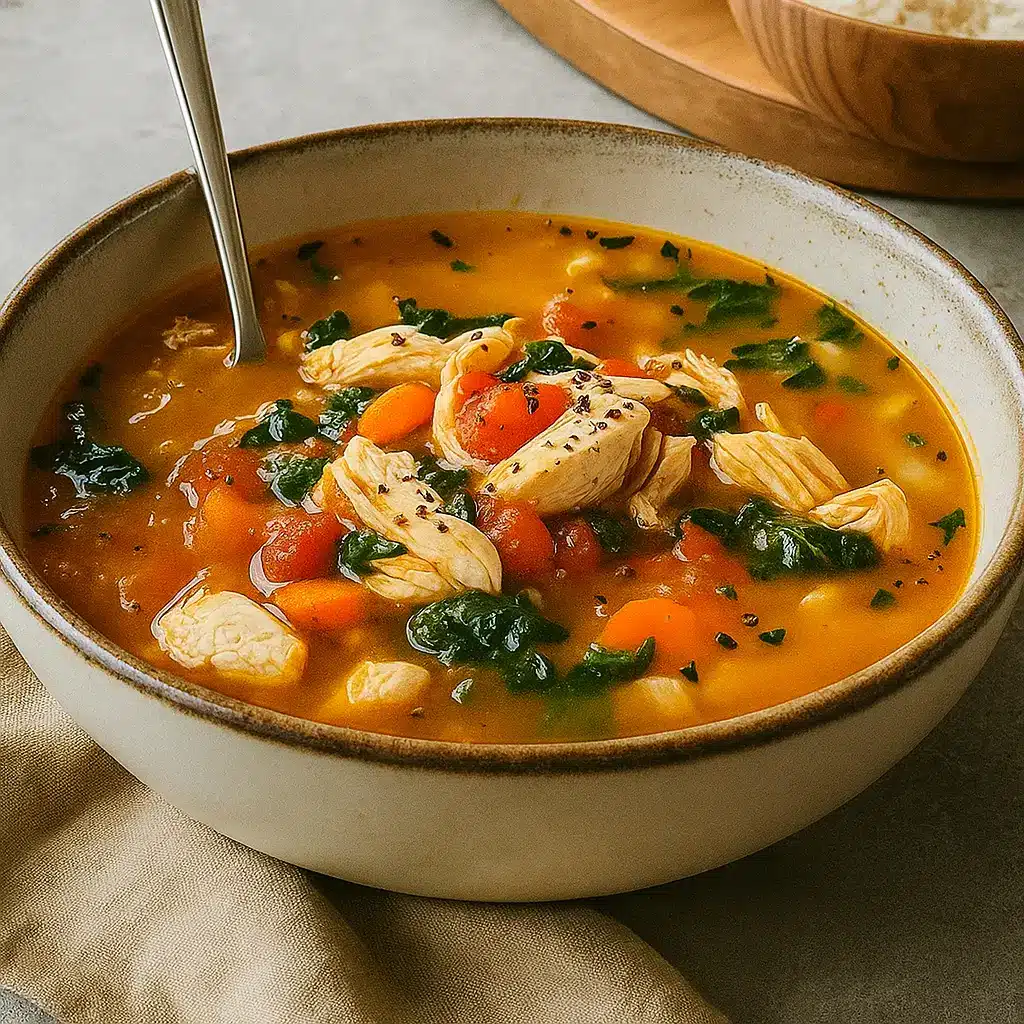 Healthy Tuscan Chicken Soup in a ceramic bowl
