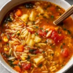 healthy vegetable orzo soup in a bowl on rustic table