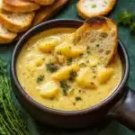 Hearty Cheddar Garlic Herb Potato Soup in rustic bowl