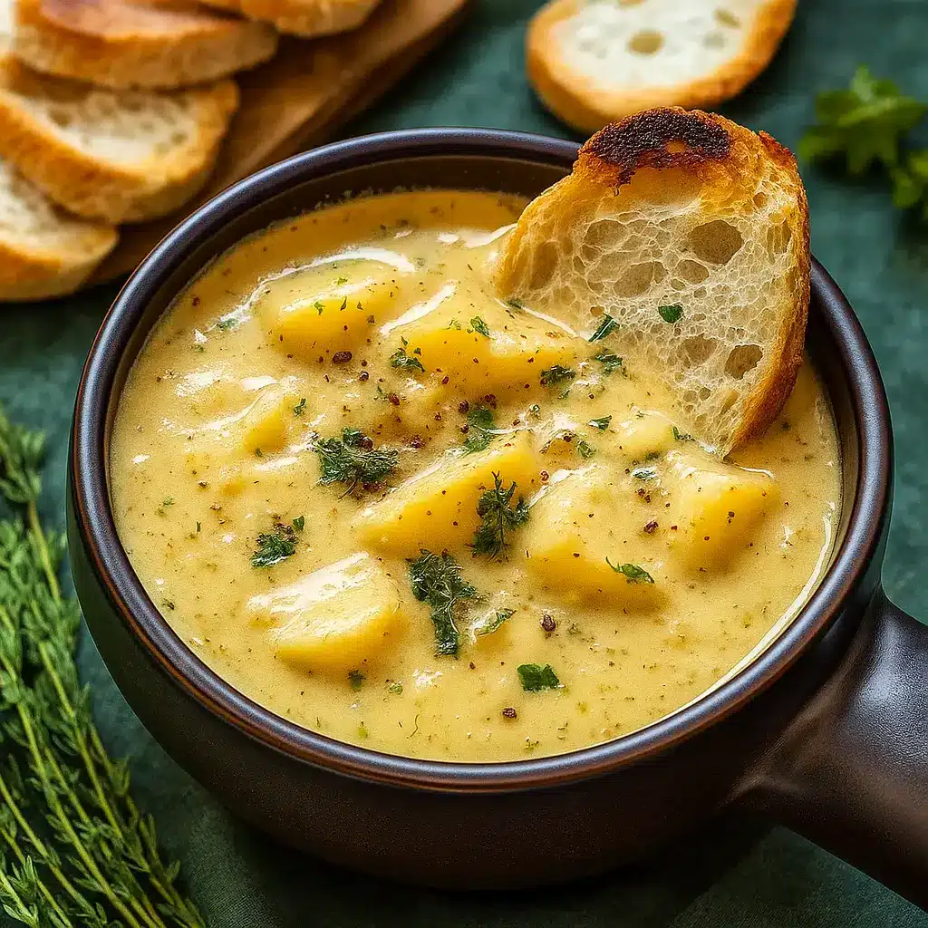 Hearty Cheddar Garlic Herb Potato Soup in rustic bowl