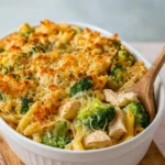 Hearty Chicken & Broccoli Pasta Bake in casserole dish