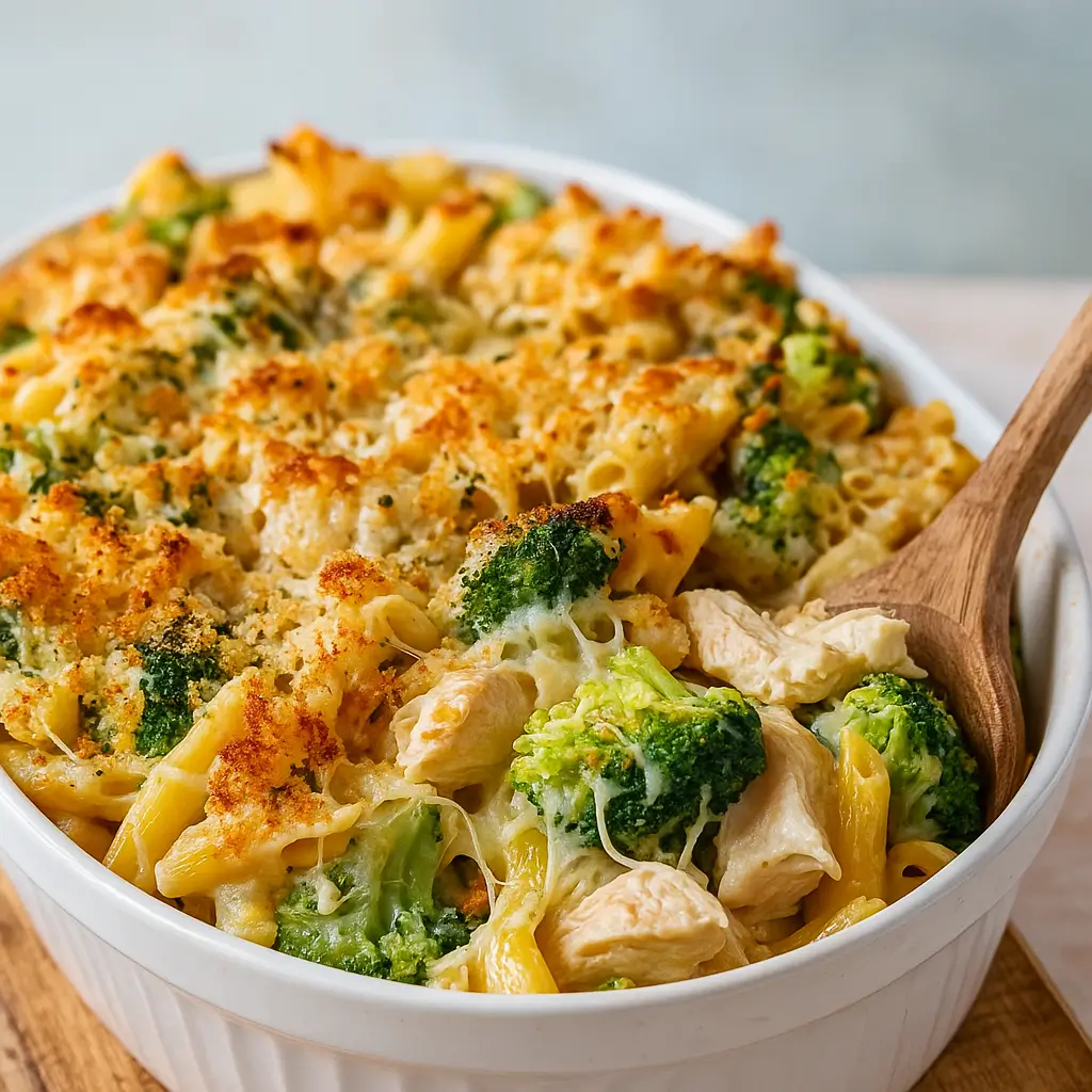 Hearty Chicken &amp; Broccoli Pasta Bake in casserole dish