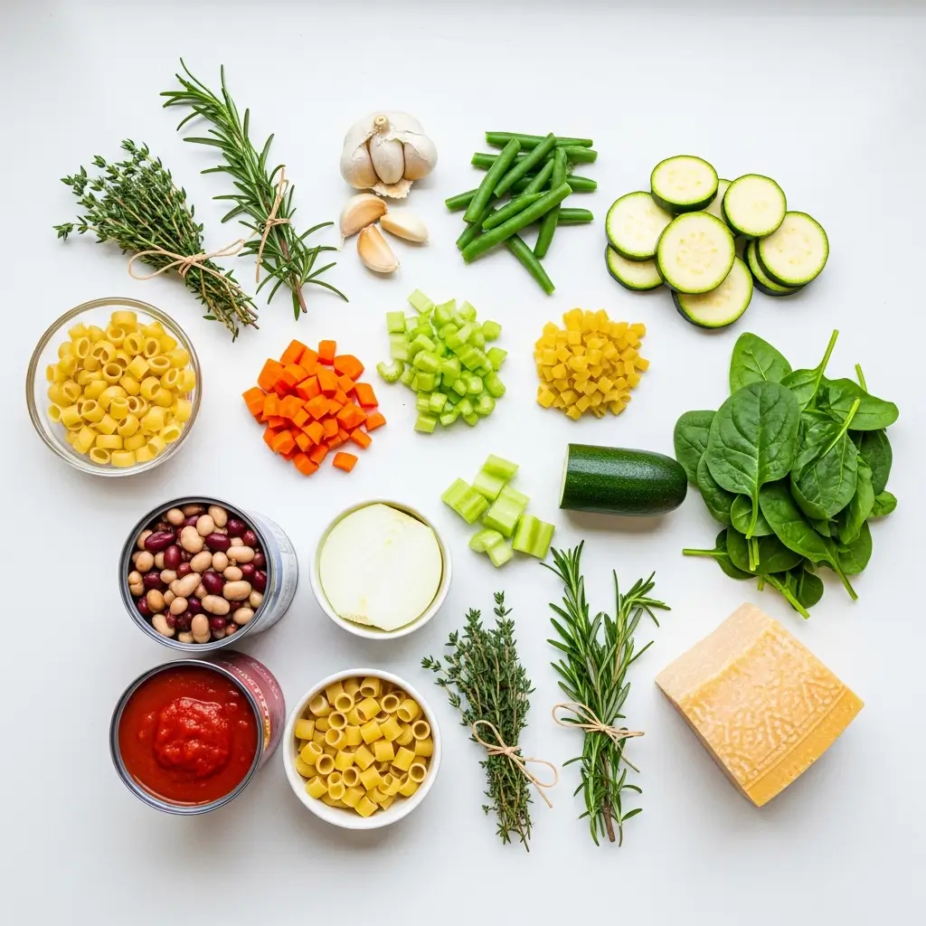 ingredients for hearty minestrone soup laid out on counter