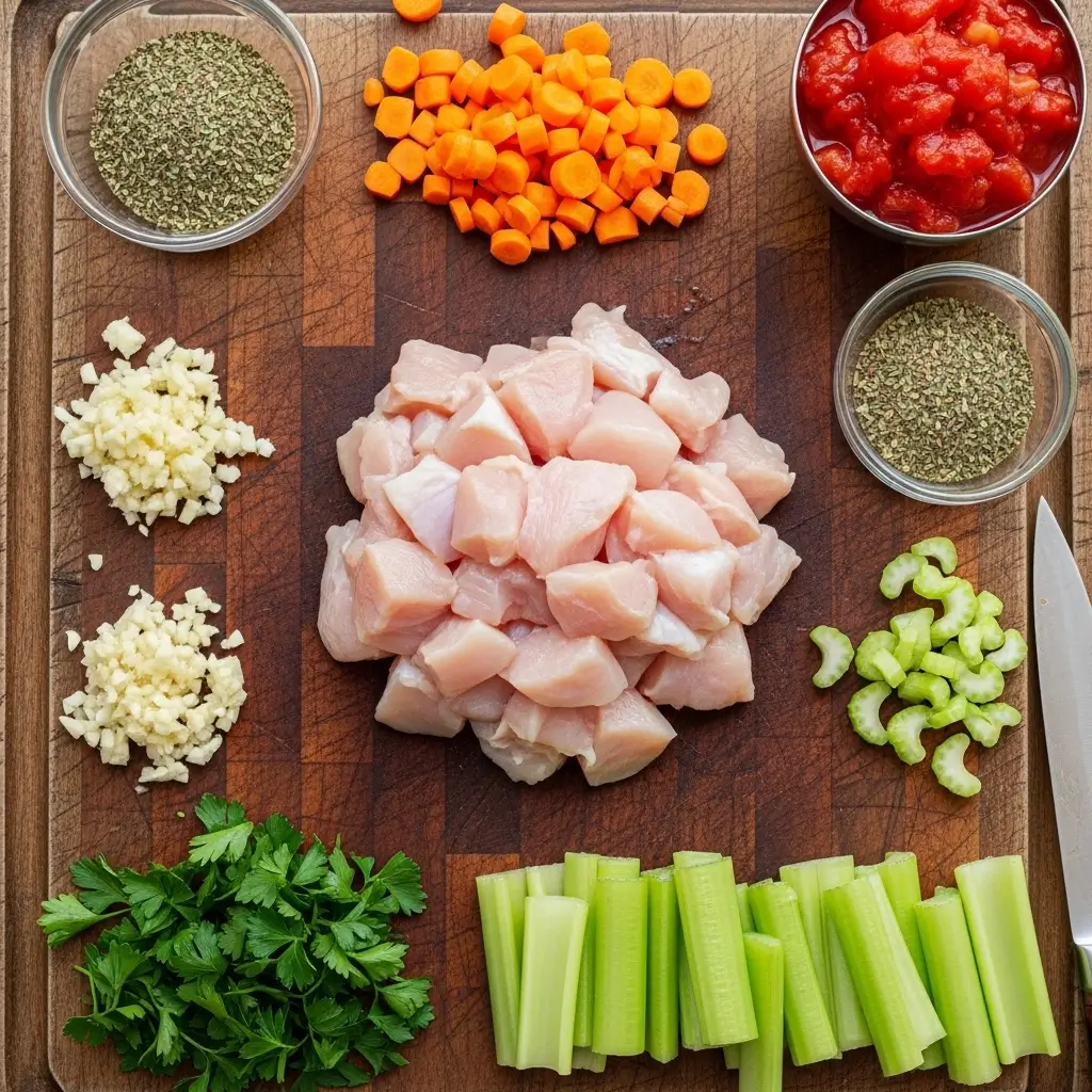 Ingredients for Hearty Sicilian Chicken Soup laid out
