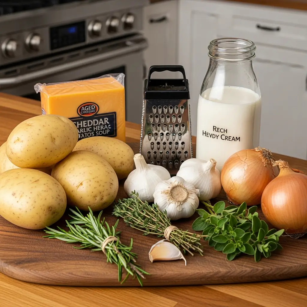 Ingredients for Hearty Cheddar Garlic Herb Potato Soup