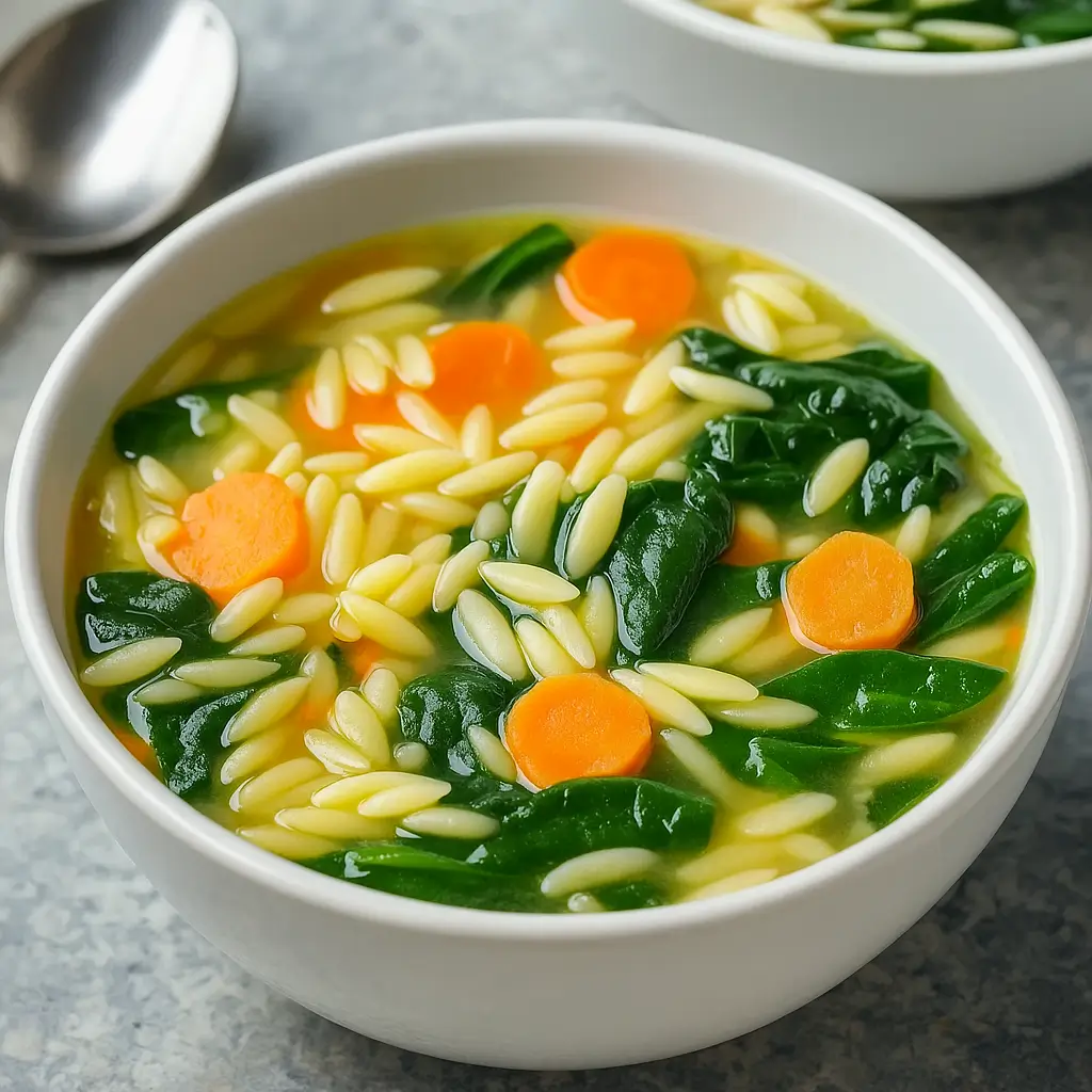 Hearty Spinach Orzo Soup in rustic bowl