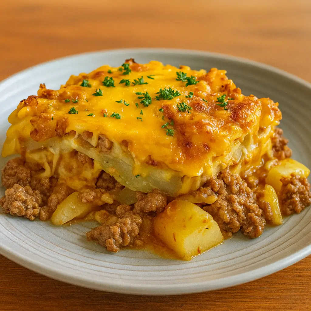 Hobo Casserole with Ground Beef and Potatoes in a baking dish
