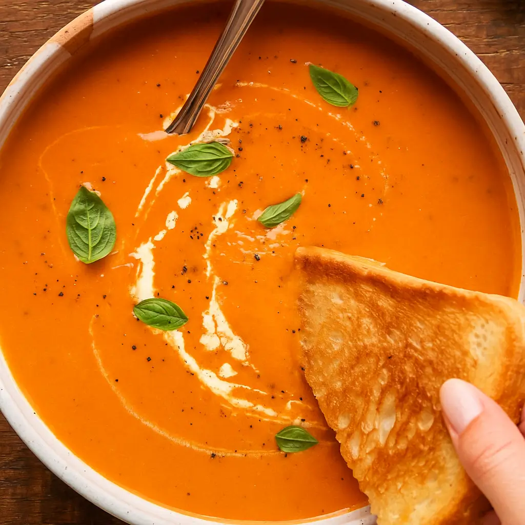 Homemade tomato soup with fresh basil and garlic