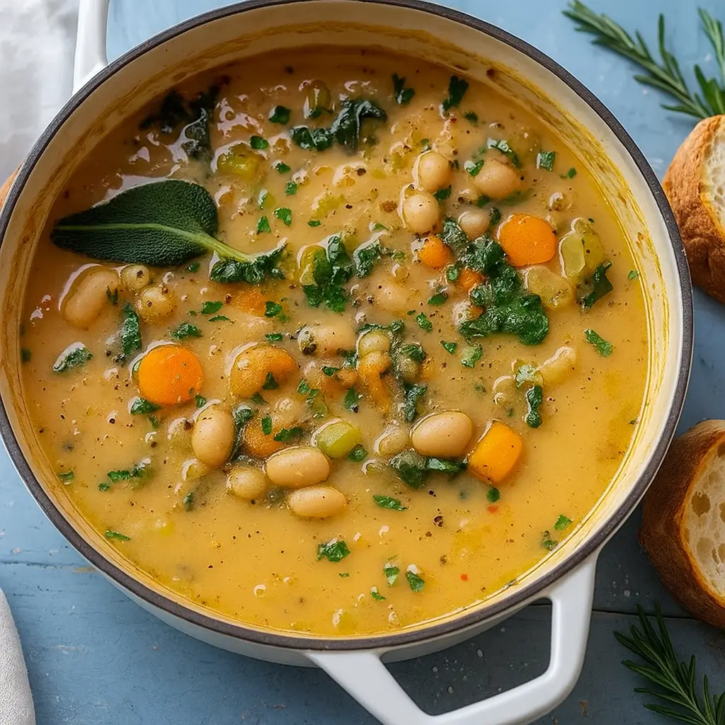 Homemade Tuscan white bean soup in rustic bowl