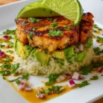 Honey Lime Chicken & Avocado Rice Stack on plate
