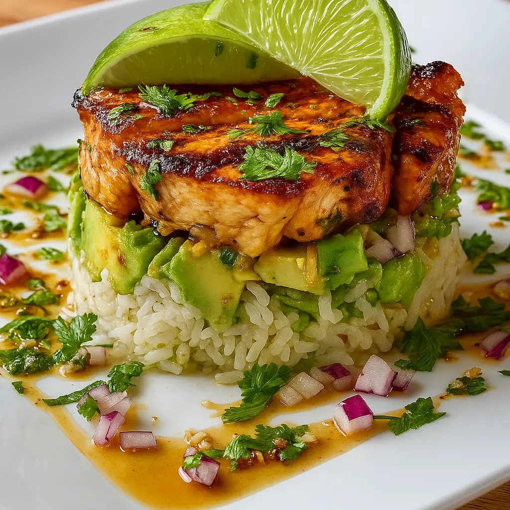 Honey Lime Chicken & Avocado Rice Stack on plate