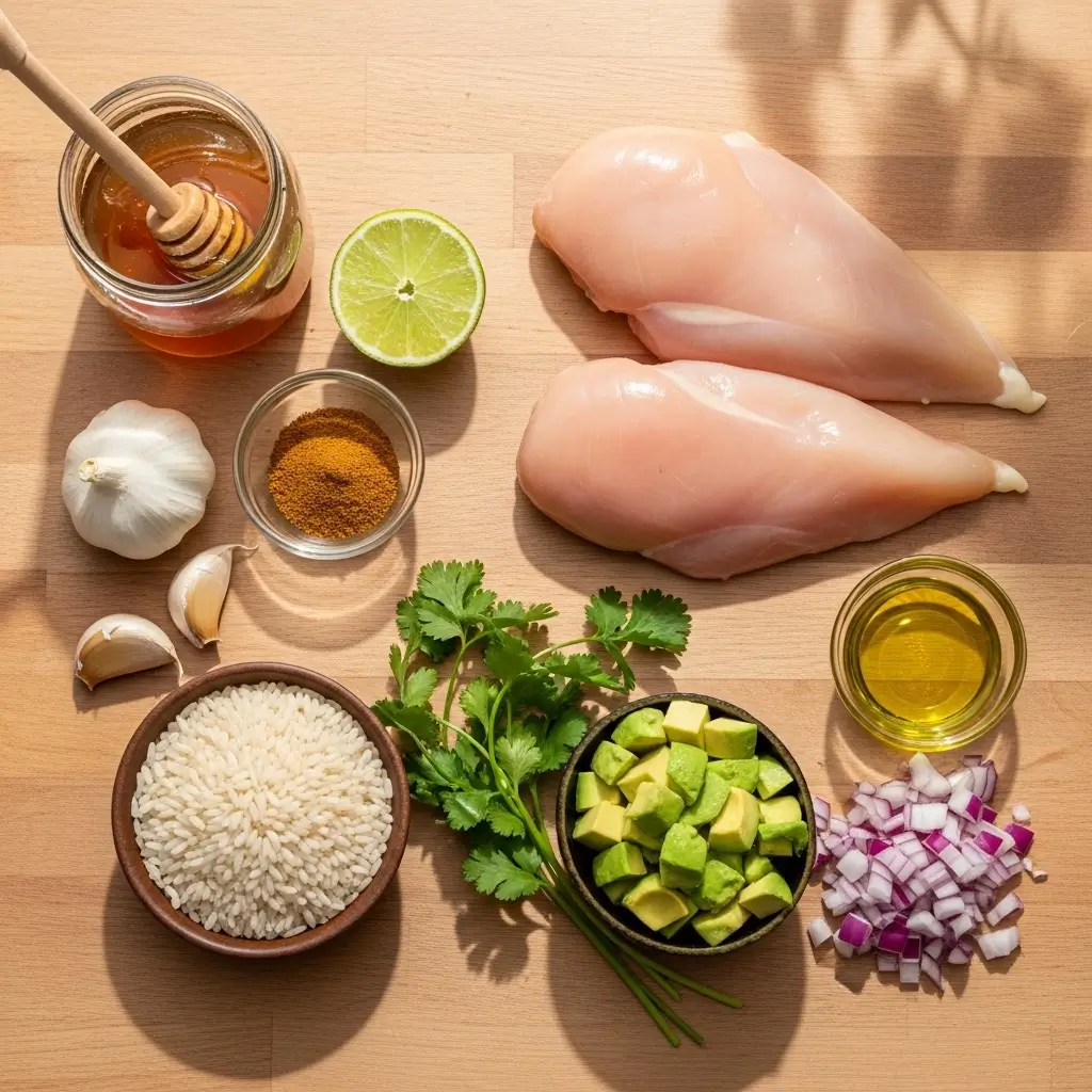 Ingredients for Honey Lime Chicken & Avocado Rice Stack