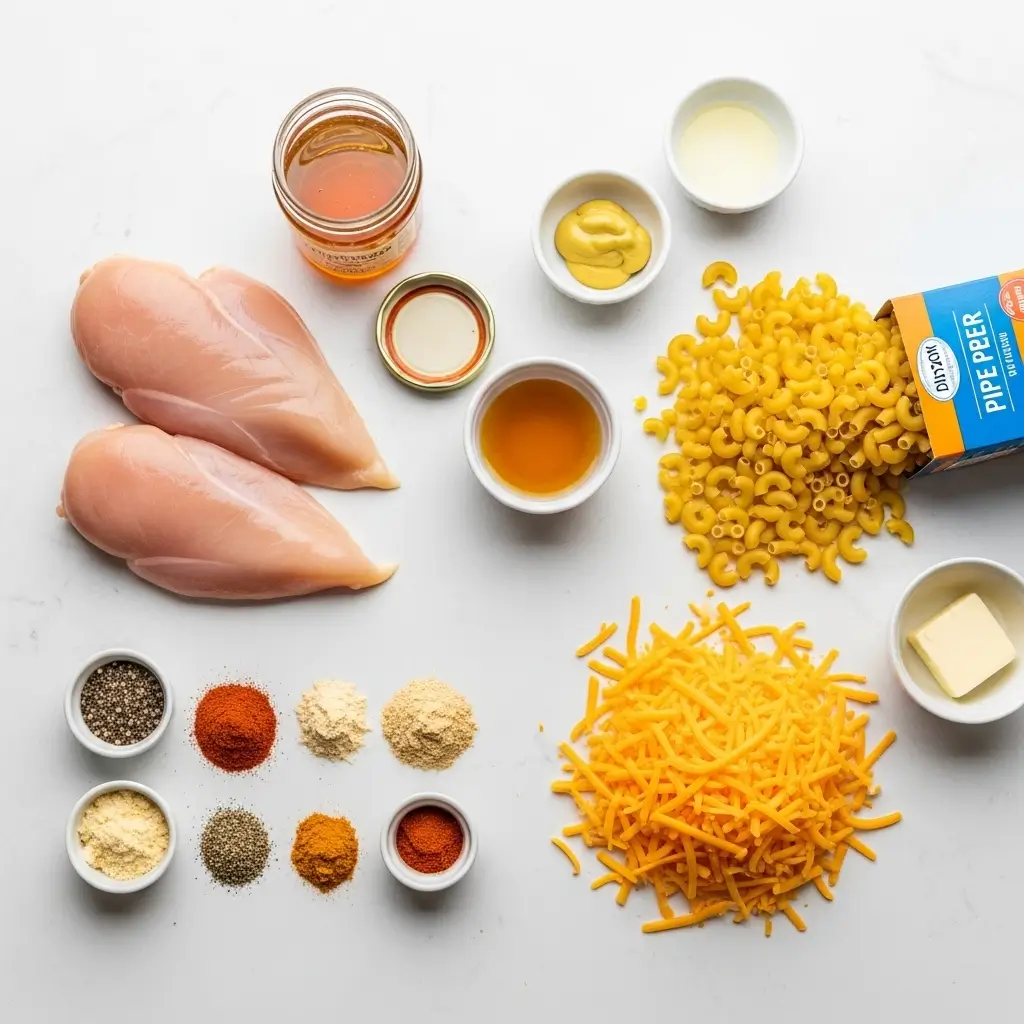 Ingredients for Sweet and Spicy Honey Pepper Chicken with Creamy Mac and Cheese