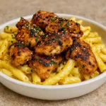 Honey Pepper Chicken Pasta in bowl with glaze and garnish