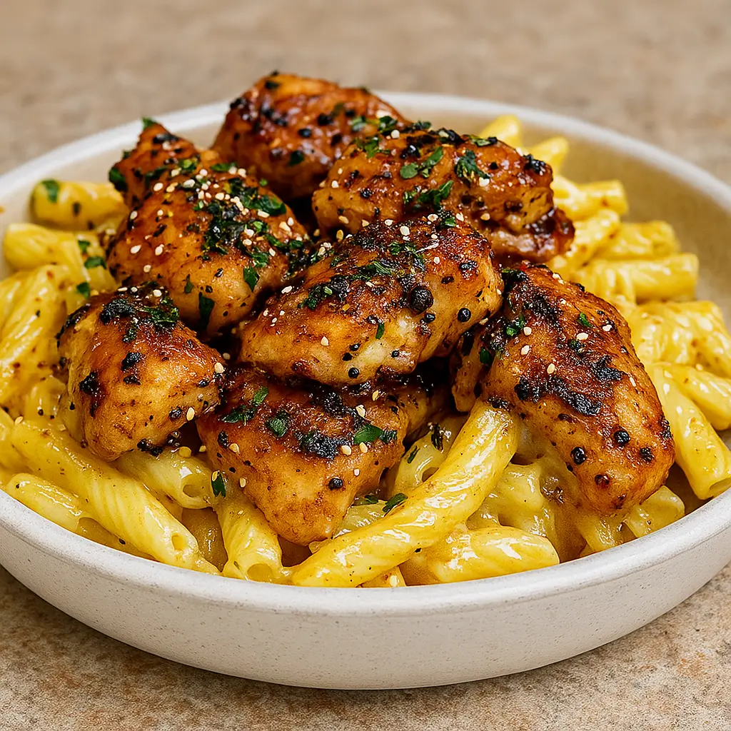 Honey Pepper Chicken Pasta in bowl with glaze and garnish