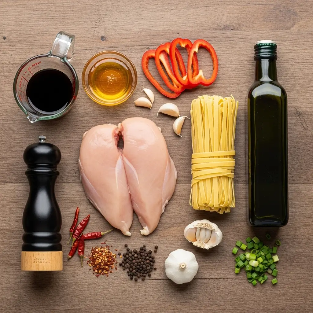 Ingredients for Honey Pepper Chicken Pasta recipe on wooden table