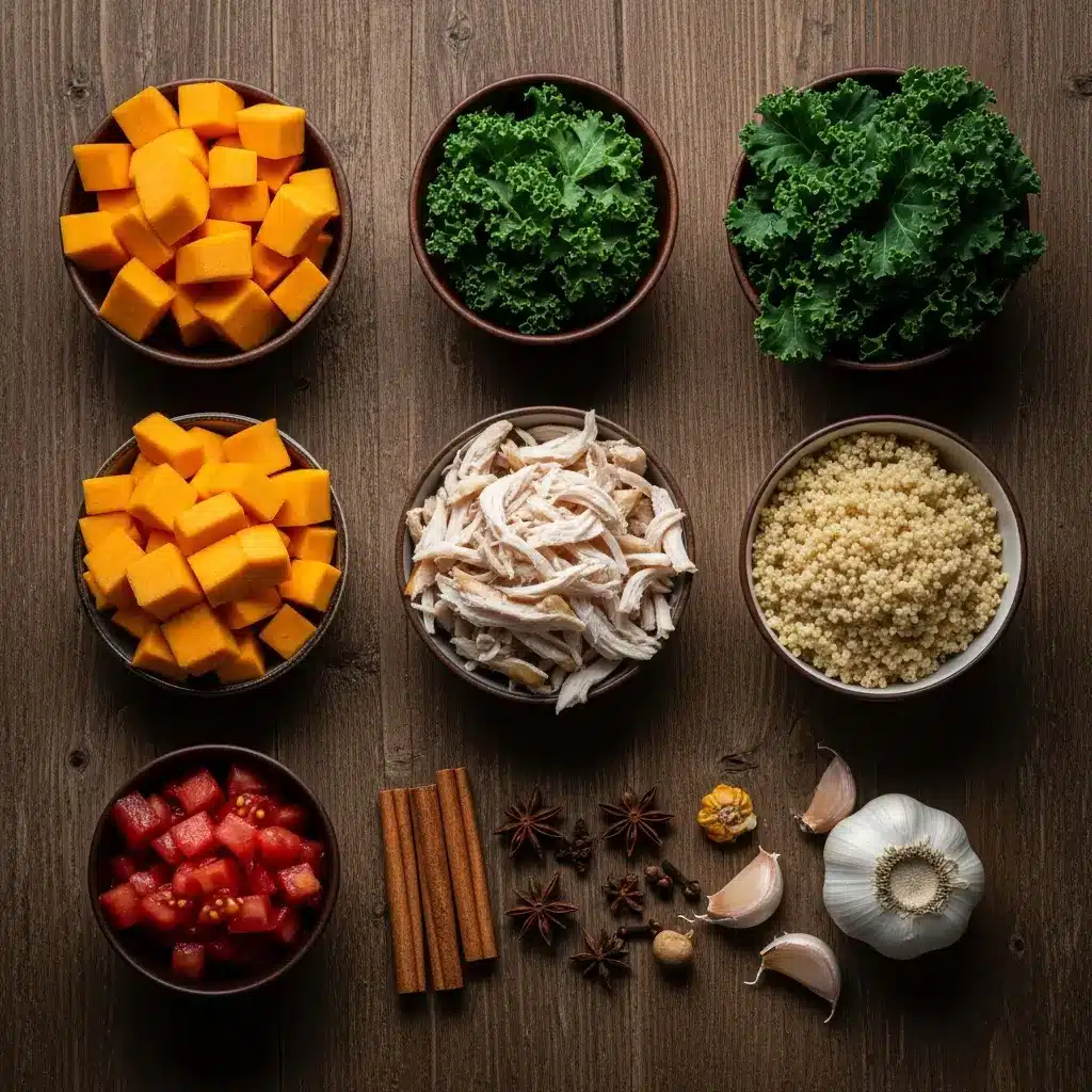 ingredients for fall chicken stew with quinoa and butternut squash