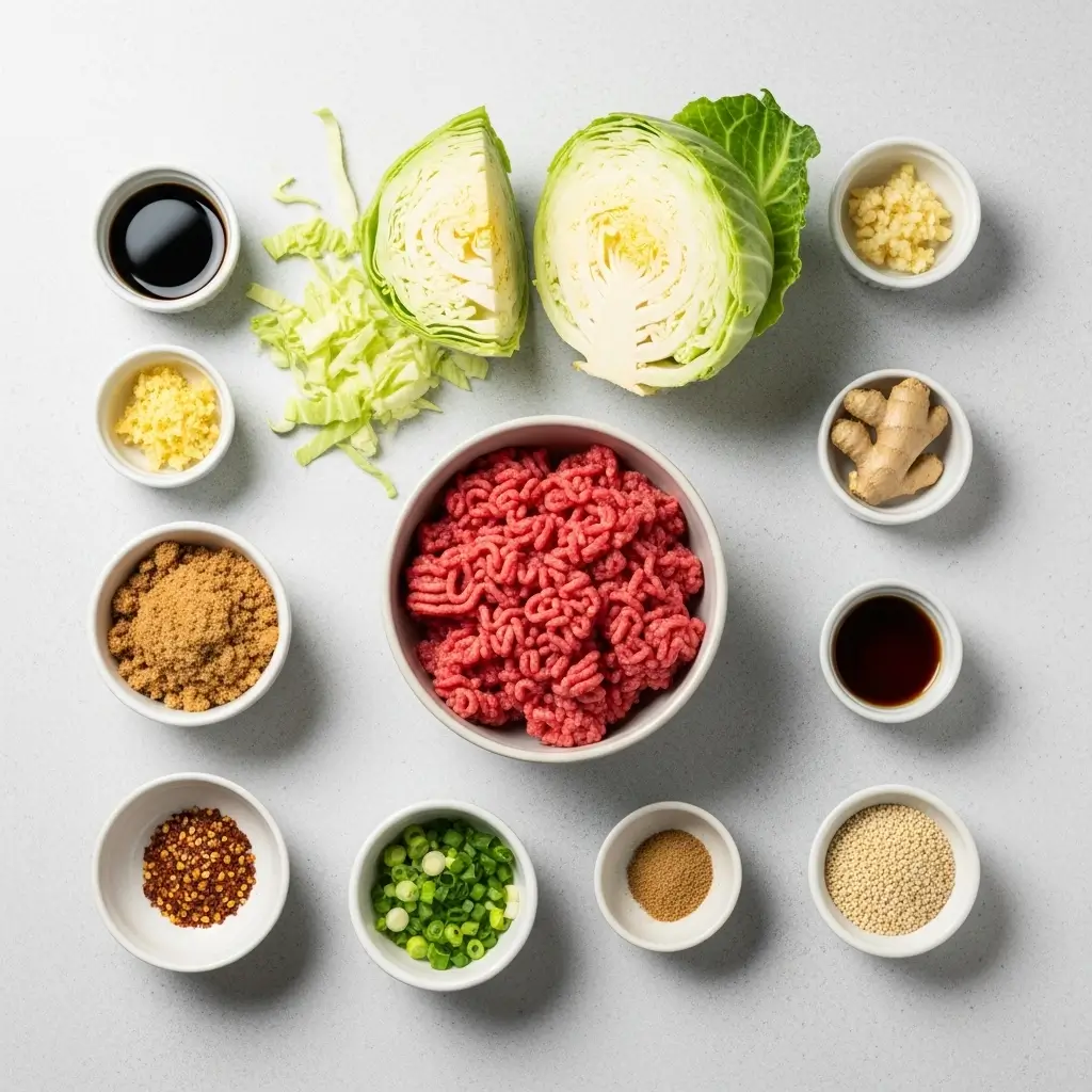 Ingredients for low-carb Mongolian ground beef and cabbage