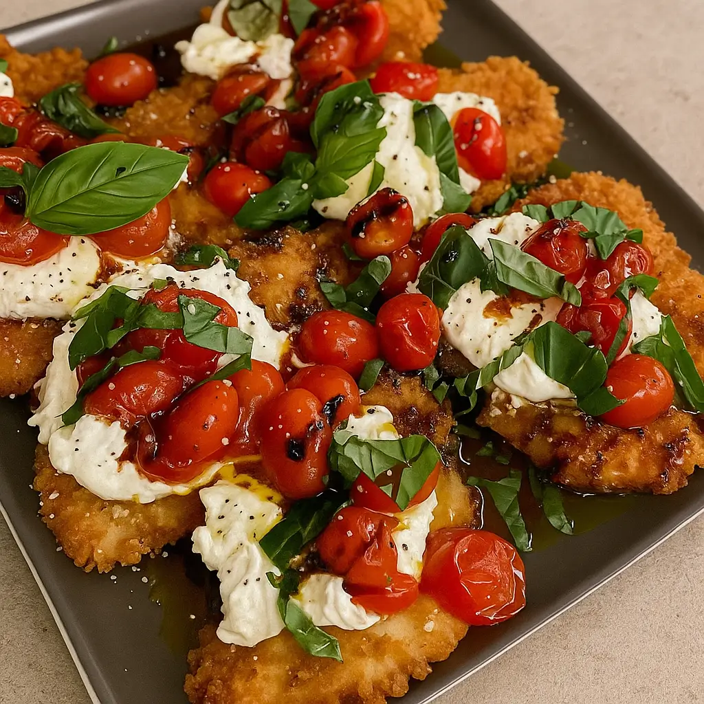 Italian Basil Chicken Cutlets with Tomato and Burrata