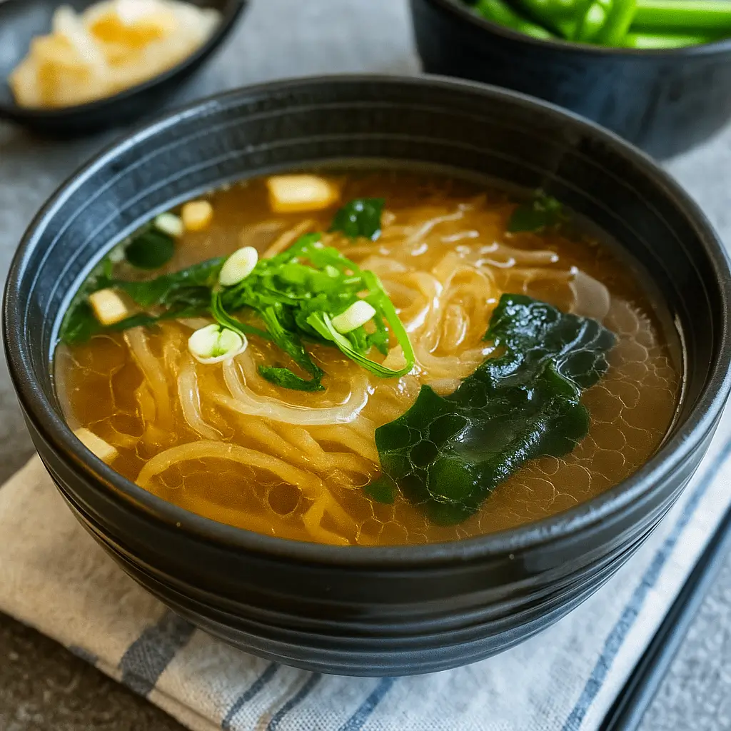 Japanese Glass Noodle Soup in a rustic bowl