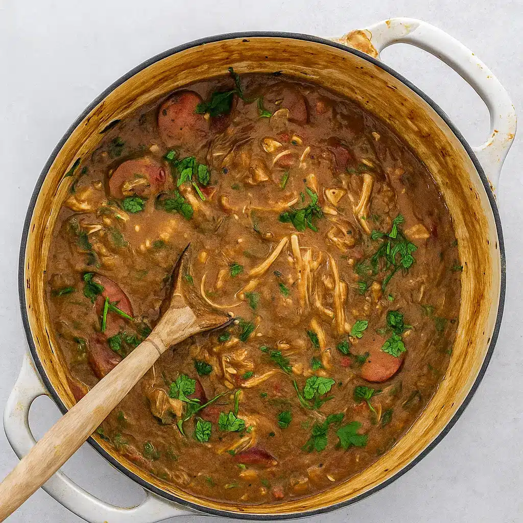 Leftover Turkey Gumbo served over rice in a cozy kitchen