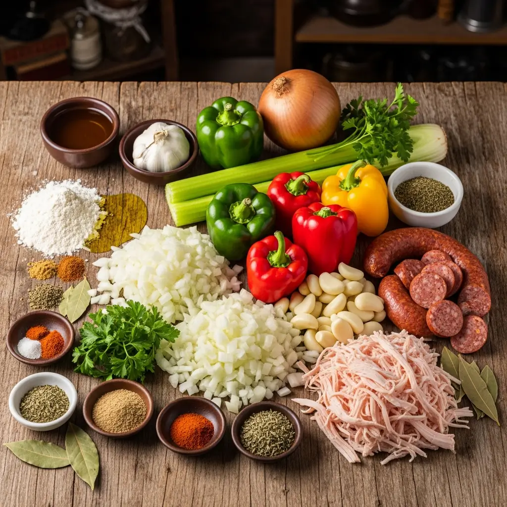 Leftover Turkey Gumbo ingredients laid out