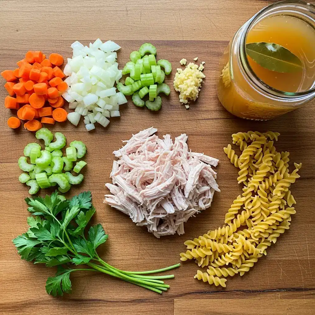 Leftover Turkey Noodle Soup ingredients flat lay