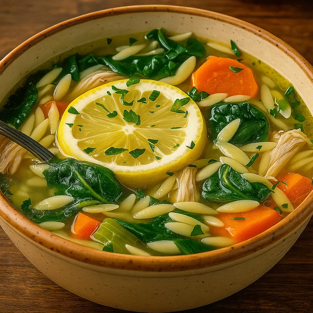 Lemon Chicken Orzo Soup with Spinach in a bowl