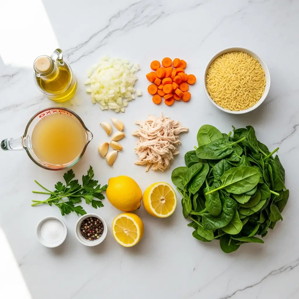 Ingredients for Lemon Chicken Orzo Soup with Spinach