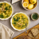 Lemon-Dill White Bean & Potato Soup in rustic bowl