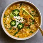 Low calorie white chicken chili with Greek yogurt in bowl