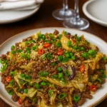 Low-carb Mongolian ground beef and cabbage in skillet