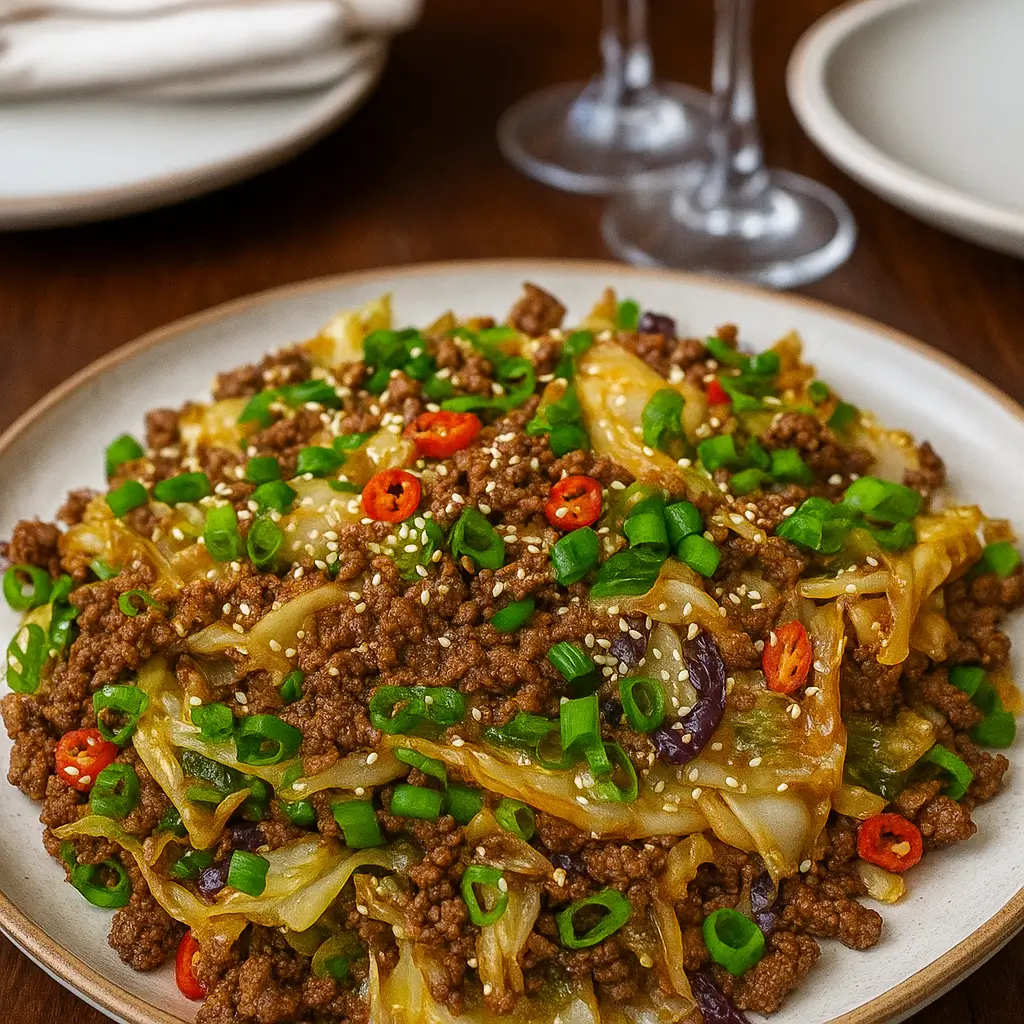 Low-carb Mongolian ground beef and cabbage in skillet