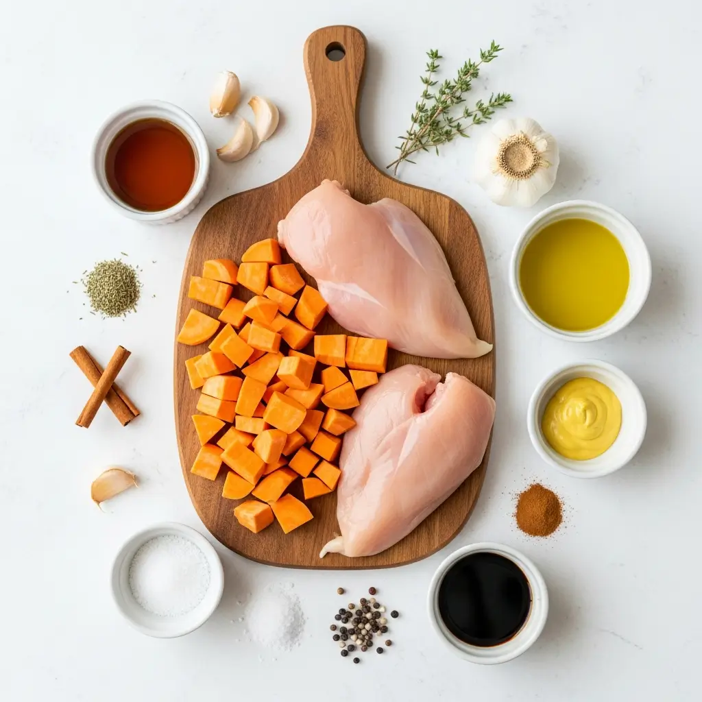 maple-glazed chicken ingredients with sweet potatoes
