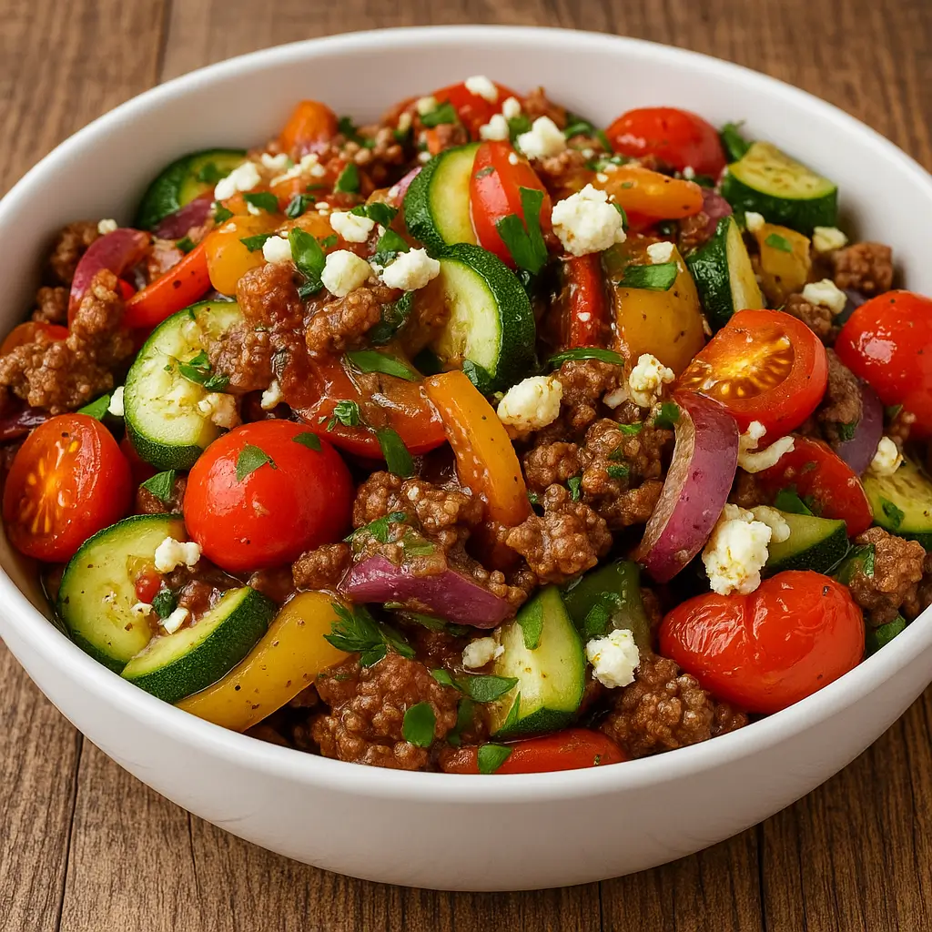 Mediterranean Ground Beef Stir Fry in Skillet