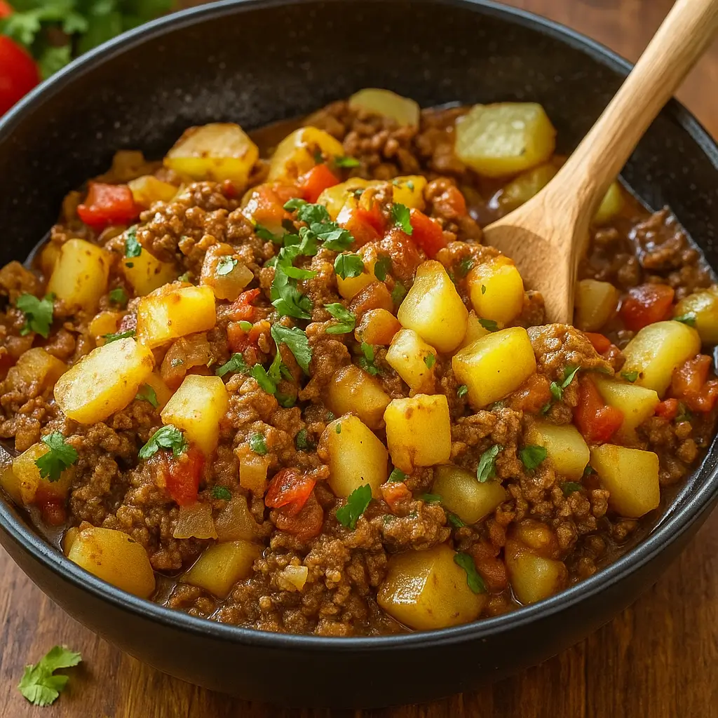 Mexican Picadillo served with rice and lime