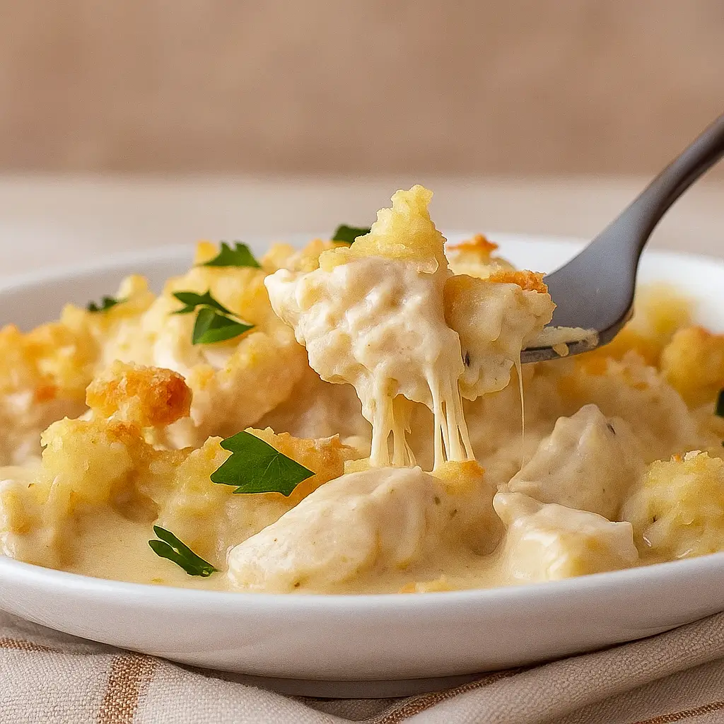 Million Dollar Chicken Casserole in white baking dish