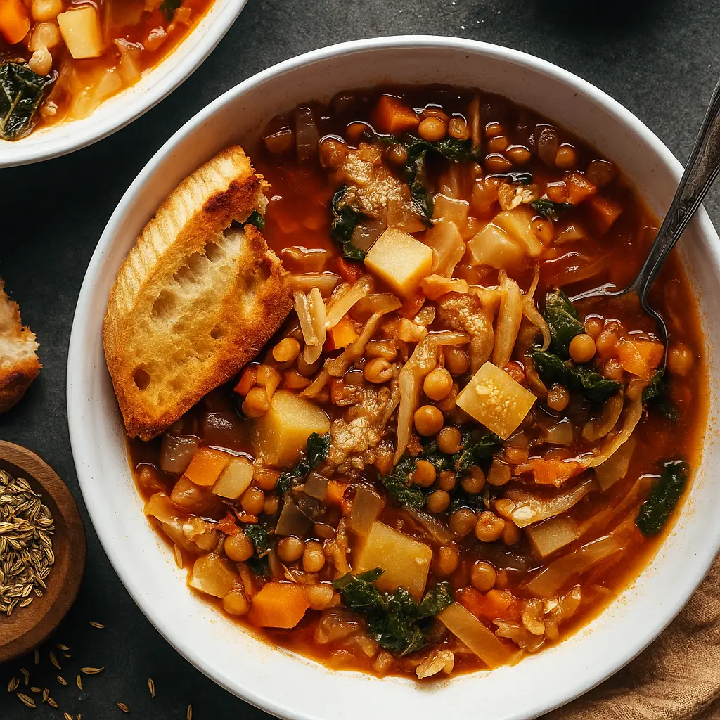 Nourishing Cabbage, Fennel &amp; Lentil Soup in rustic bowl