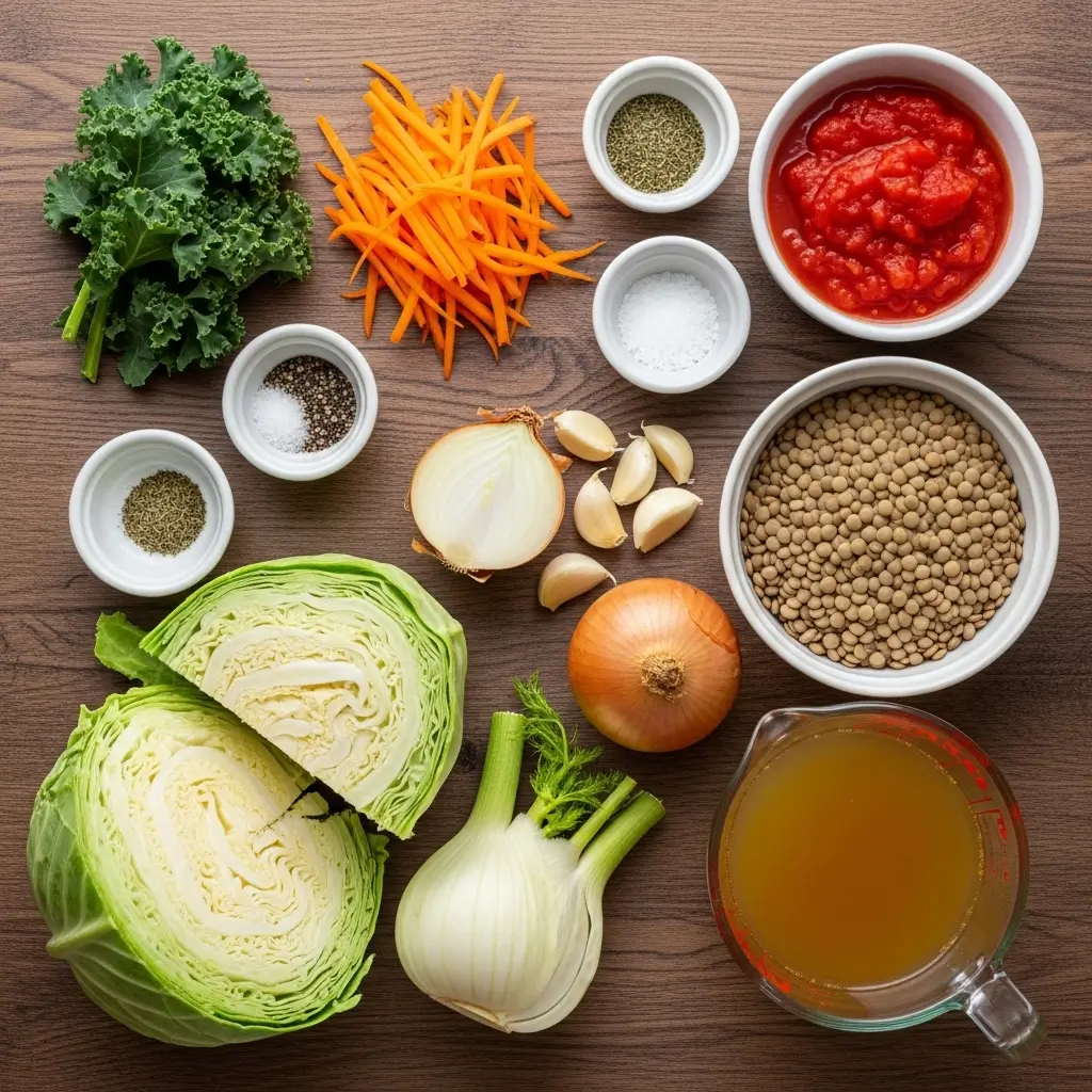 Ingredients for nourishing cabbage, fennel & lentil soup