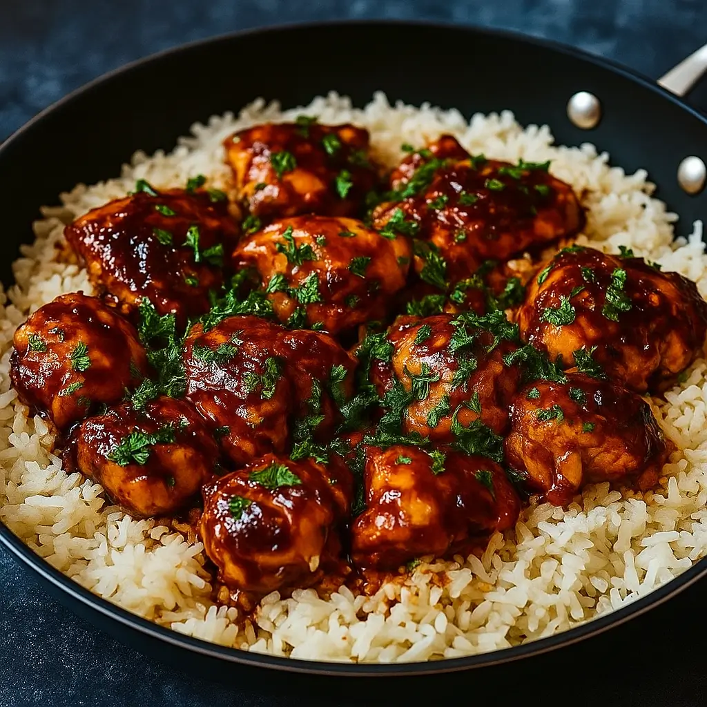 One-Pan Honey BBQ Chicken and Rice in skillet