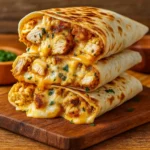 Ooey-Gooey Cheesy Garlic Chicken Wraps sliced open with melted cheese