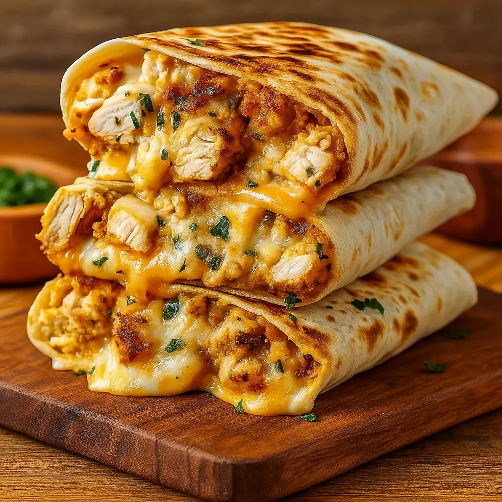 Ooey-Gooey Cheesy Garlic Chicken Wraps sliced open with melted cheese