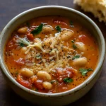 Parmesan Tomato Cannellini Bean Soup in white bowl
