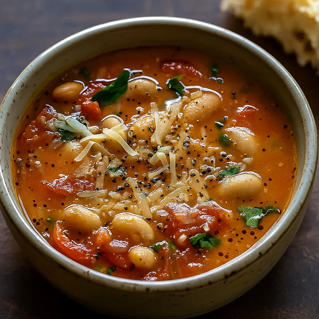 Parmesan Tomato Cannellini Bean Soup in white bowl