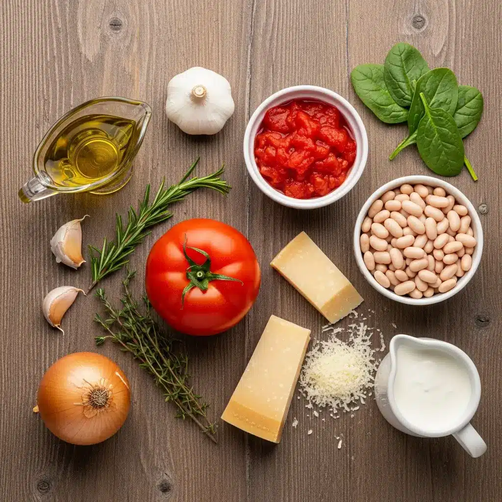 Ingredients for Parmesan Tomato Cannellini Bean Soup laid out