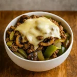 Philly Cheesesteak Bowls with steak, peppers, cheese