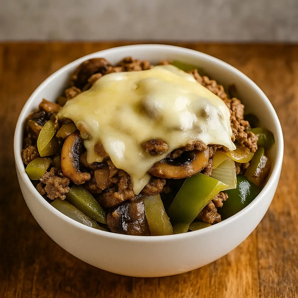Philly Cheesesteak Bowls with steak, peppers, cheese