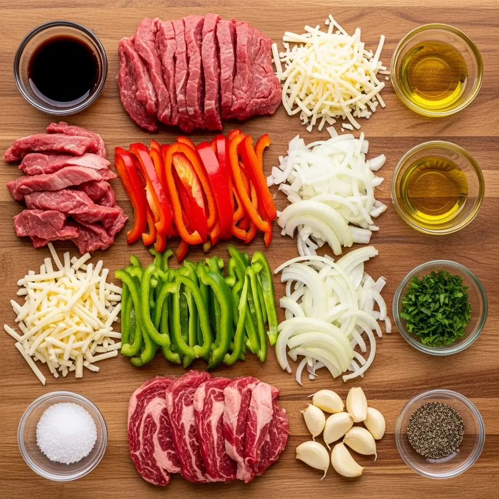 Philly Cheesesteak Bowl ingredients laid out on a board